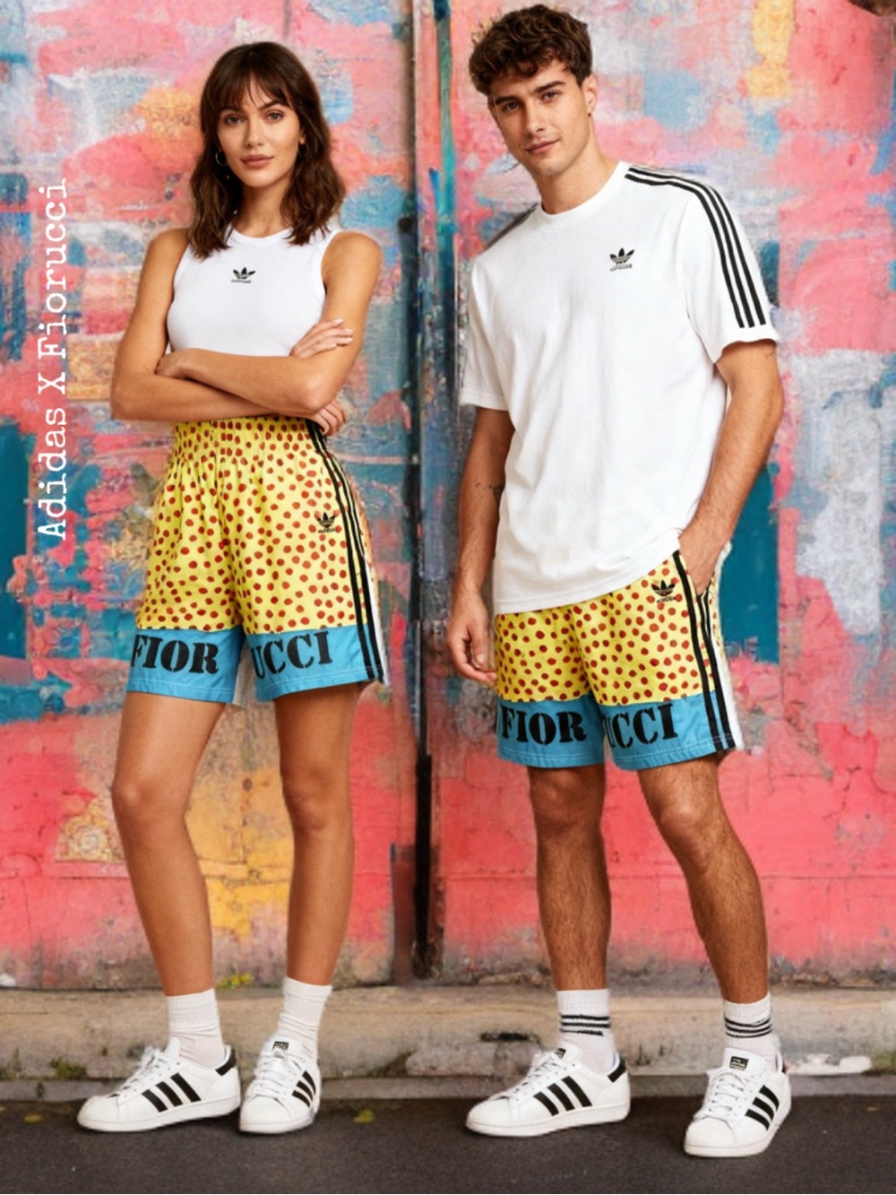 Adidas X Fiorucci Yellow Red Polka Dot Athletic Shorts with Blue Hem